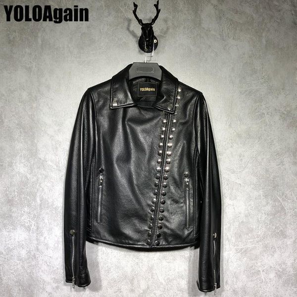 

women's leather & faux yoloagain women genuine jacket ladies lapel long sleeve rivet black real