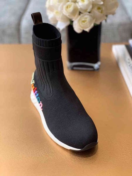 

letters ladies color embroidered elastic boots flat soled socks 1a5c6v embroidered mother high boots, Black