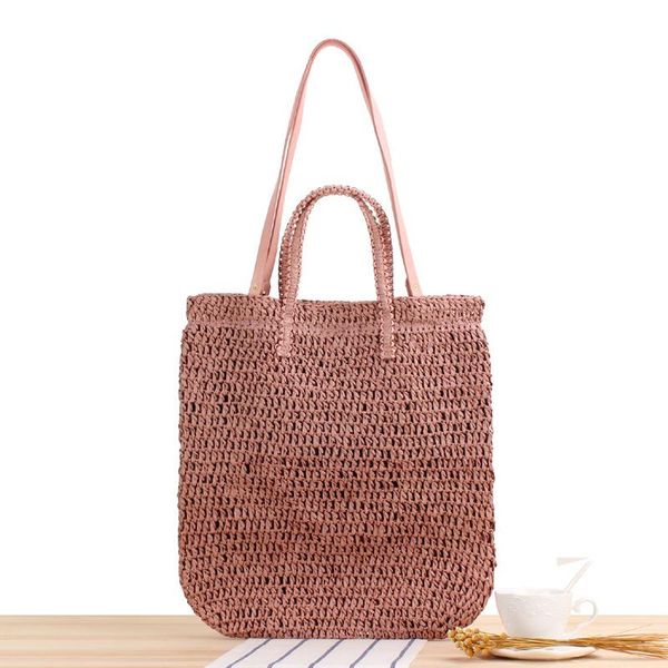 

solid color hollow shoulder hand-carrying dual-use woven mori style vacation beach handmade straw bag evening bags