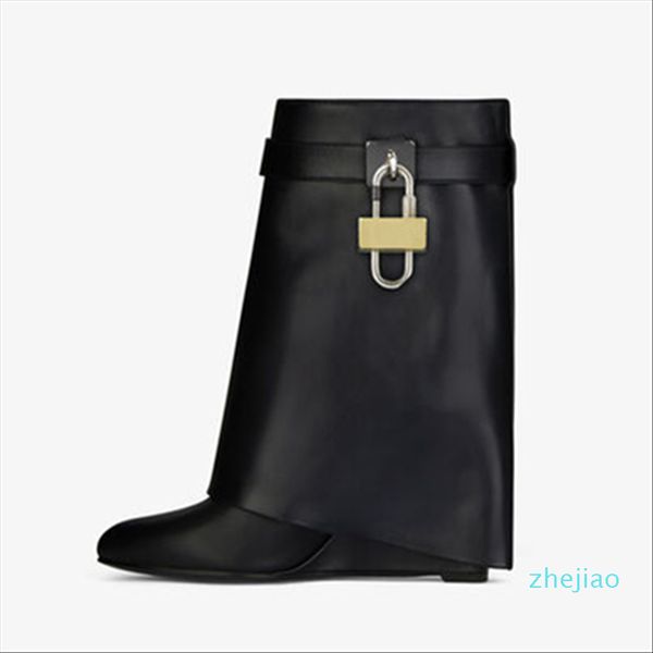 

designer boots 2021 lock design genuine leather women wedge height increasing fold over high boot female mid-calf riding, Black