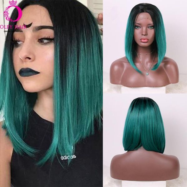 

hair short bob green wig with black root synthetic lace front glueless middle part gray pink ombre wigs for women1
