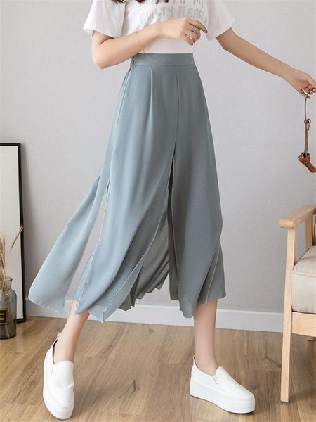 

women's pants & capris loose wide-leg women spring style wild all-match fake two-piece split chiffon cropped skirt elastic waist k187, Black;white