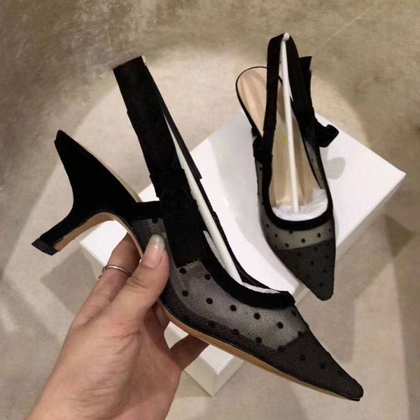 

summer sandals pointed toe net yarn wave dot diamond ribbon fashion high heels bow knot elegant wedding shoes women's shoes casual all-, Black