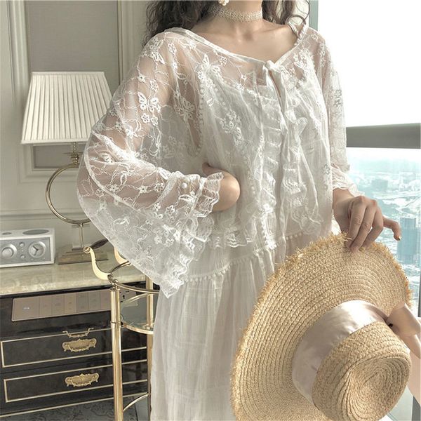 

blouses 2021 summer lace cardigan women casual outdoor thin coats sun-proof clothing loose plus size chiffon shirts v-neck, White