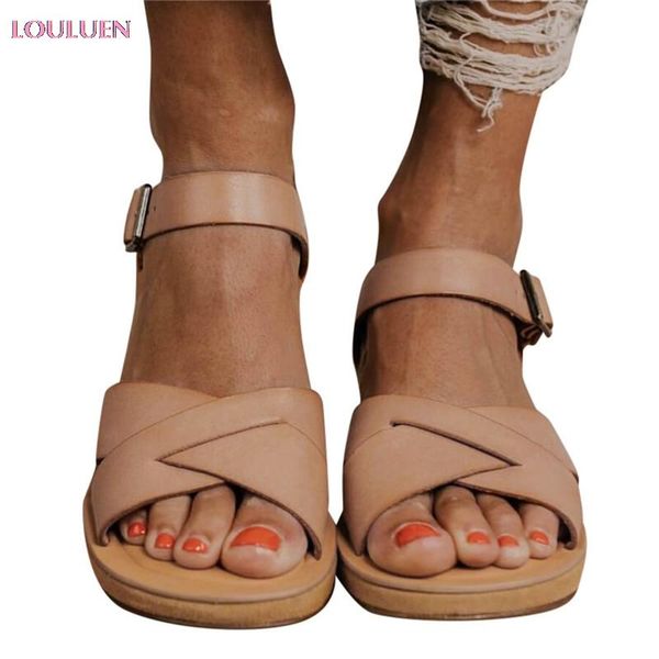 

sandals fashion retro womens flats buckle strap round toe thick bottom roman plus size 35- 43 drop #0529, Black