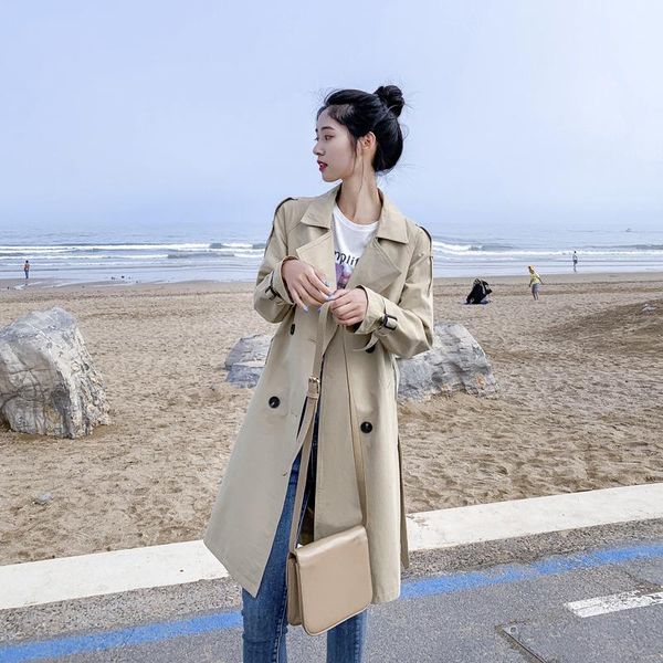 

women's trench coats women casual long coat with sashes double breasted windbreaker 2021 chic office ladies outerwear, Tan;black
