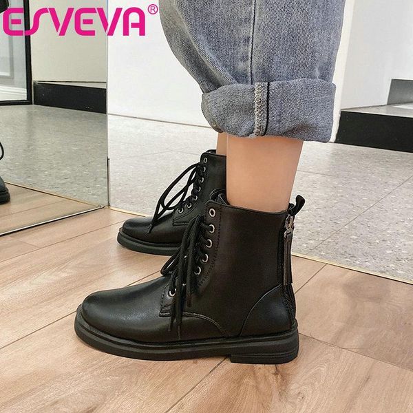 

boots esveva 2021 round toe lace up elegant classic fashion square low heel pu ankle platform women zipper big size 34-43, Black