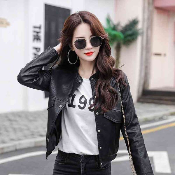 

2021 new small leather women's coat autumn winter short korean loose locomotive spring and versatile pu jacket, Black