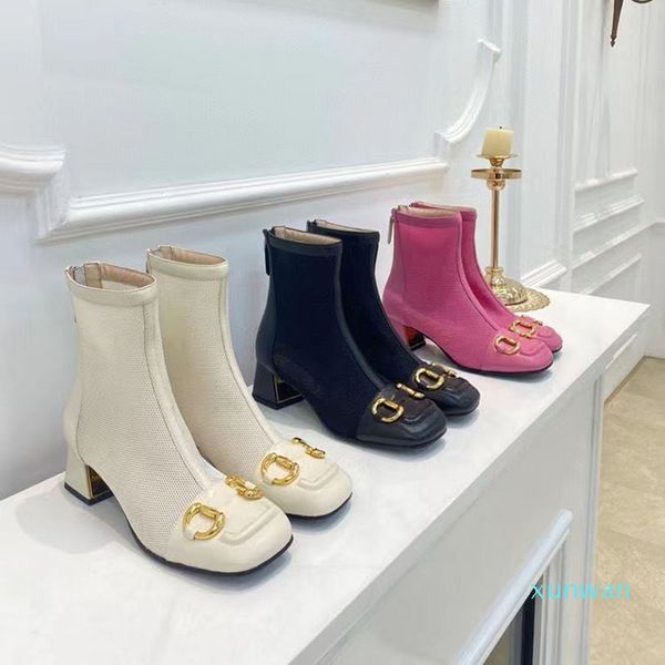 

mesh boots 2021 spring summer cool square heel breathable mid calf horsebit ankle boot luxury design booties back zipper, Black