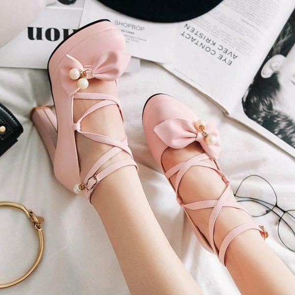 

dress shoes lovely women pink bowtie ankle strap pumps 2022 spring high platform square heels woman party weeding, Black