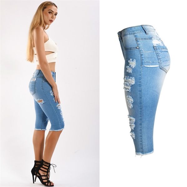 

logami knee length ripped jeans for women destroyed biker shorts summer midi pencil denim jeans new arrival, Blue
