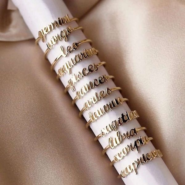 

simple 12 constellation letter women's open index finger single ring, Black