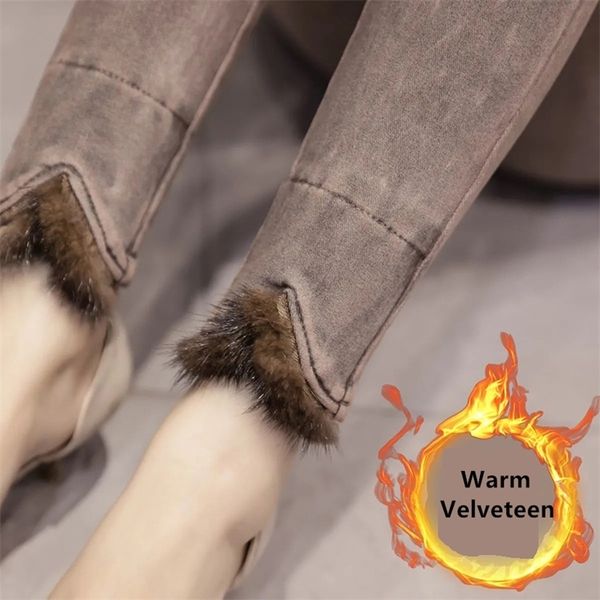 

vintage wash velveteen warm jeans women winter high waist casual big size leggings stretch black/white pencil denim pants 220310, Blue