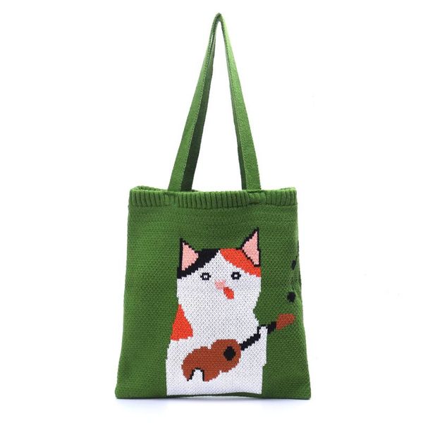 

evening bags women japanese style kawaii knitting wool tote bag teenager winter fashion cute cat pattern crochet shopping handle handbag