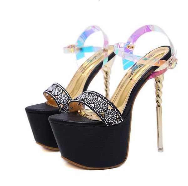 

size 35 to 42 43 luxury women designer pumps 17cm platform ultra high heels glitter gold rhinestone sandals bridal wedding shoes, Black