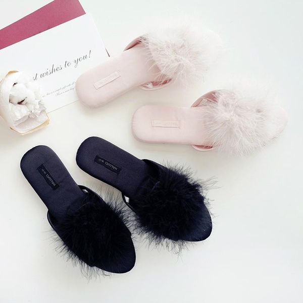 

women peep-toe fur at home slippers 2021 cute classic sweet mules ladies bedroom non-slip floor slides bed house shoes, Black