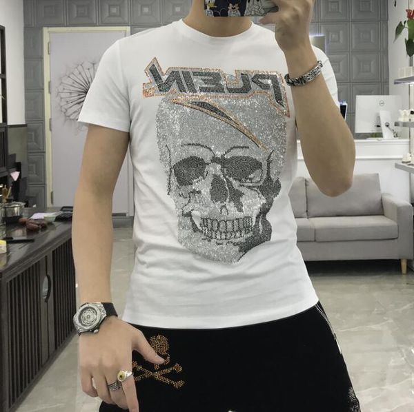 

men's t-shirts skull rhinestones men short design fitness casual clothing new arrived, White;black