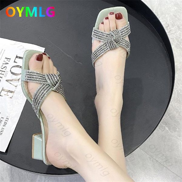 

slippers rhinestone sequins bowknot square head fine heel sandals women 2021 summer style roman fashion retro and, Black