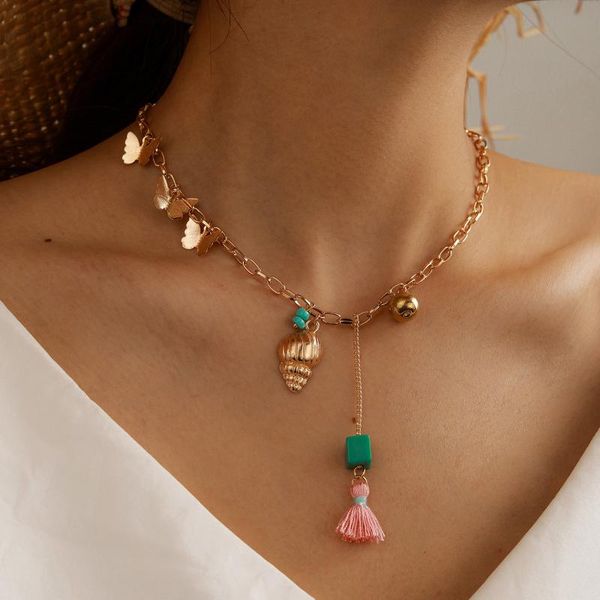 

bohemian ethnic butterfly seashell shiny gold chains handmade pink tassel pendant necklace global fashion women gift. necklaces, Silver