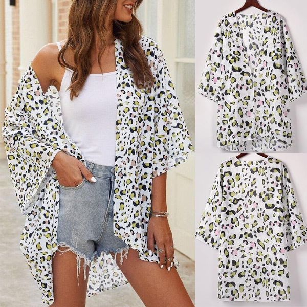 

blouses & shirts womail summer women's fashion leopard print chiffon ladies beach kimono long cardigan coat shawl outwear, White