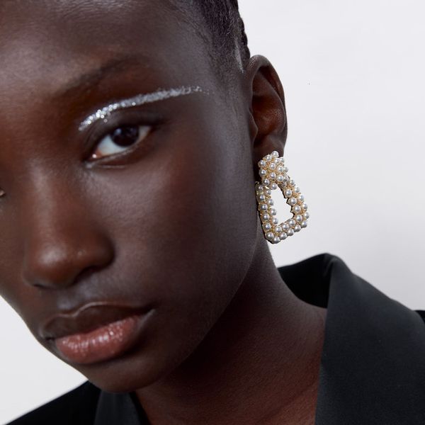 

5003751 geometric metal double row small pearl earrings creative earrings, Silver