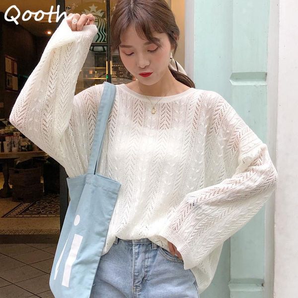 

women's t-shirt qooth hollow knitted pullover loose shirt summer o-neck thin solid long sleeve sweater straight fashion qt732, White