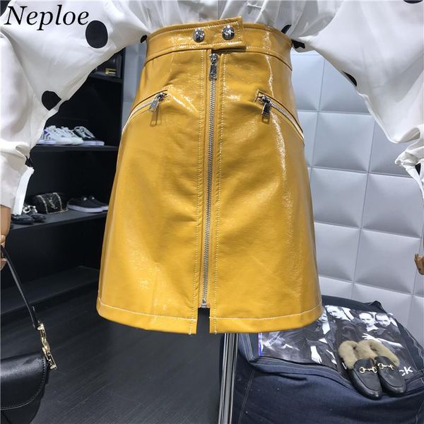 

skirts neploe zippers above knee a-line pu skirt shinny solid cool female bottom 2021 auttum fashion chic high waist jupe 68947, Black