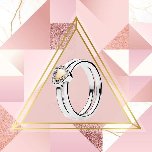 

cluster rings 2021 100% 925 sterling silver original puzzle heart-shaped frame ring for couples romantic gift set, Golden;silver