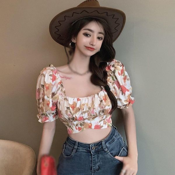 

women's blouses & shirts jlong women shirt flower printed square neck puff sleeve short blouse backless top, White