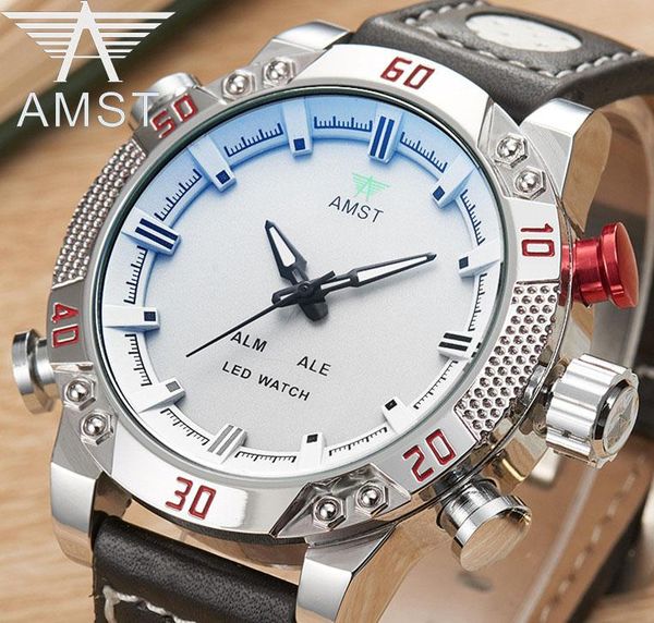 

watch men sports waterproof quartz japan movement big dial leather strap man watches led dual display clock amst3016 wristwatches, Slivery;brown
