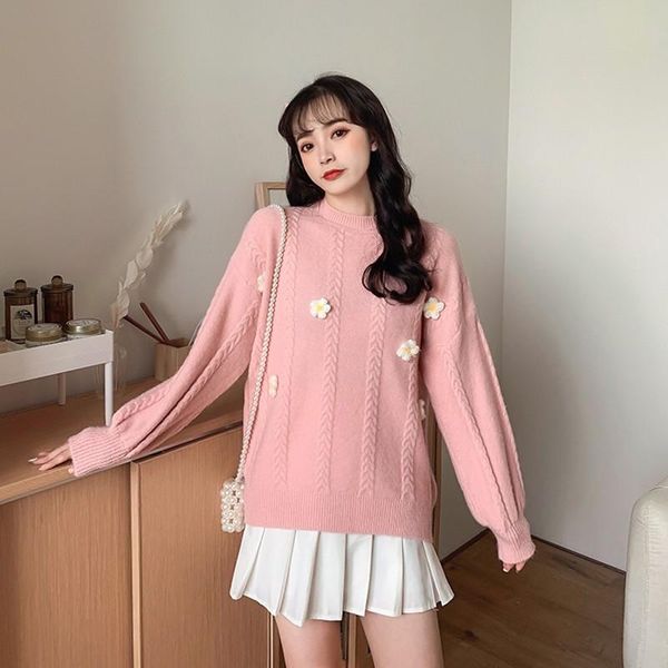 

clothing sets sweater women harajuku japanese autumn 2021 thick knitted long sleeve embroidery flowers pullovers loose lovely fashion, White