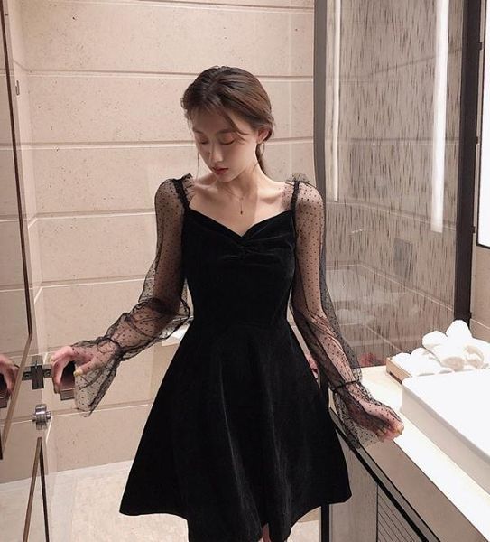 

casual dresses 2021 autumn arrival splicing dot mesh long sleeve v-neck black dress female temperament small, Black;gray