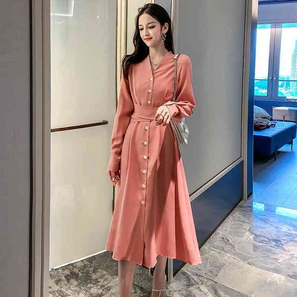 

solid color v-neck a-line swing dress women autumn bottoming dresses casual france style work mid-calf vestidos 210522, Black;gray