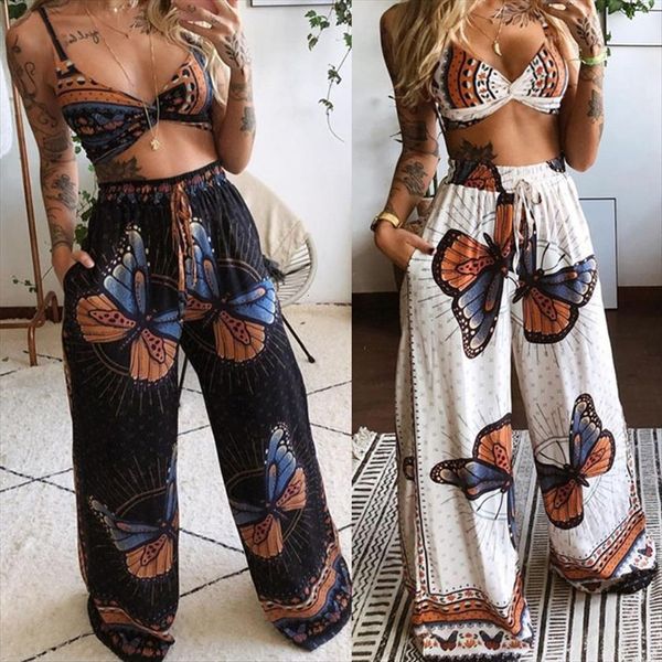 

summer beach 2 piece outfits womens pants set v neck bra crop and wide leg palazzo long bohemian, Black;white