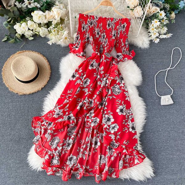 

women ruffles kleid boho dress summer off shoulder slim high waist vintage floral print dresses ladies beach long robe 210602, Black;gray