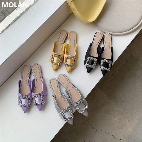 

brand designer 2021 spring fashion luxury rhinestone flat slippers socofy ladies shoes slip on loafers mules flip flops, Black