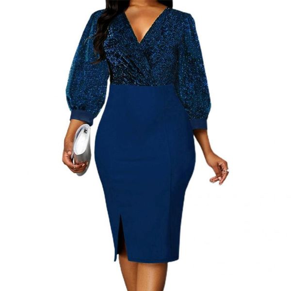 

casual dresses women dress formal slim solid color shiny v neck, Black;gray