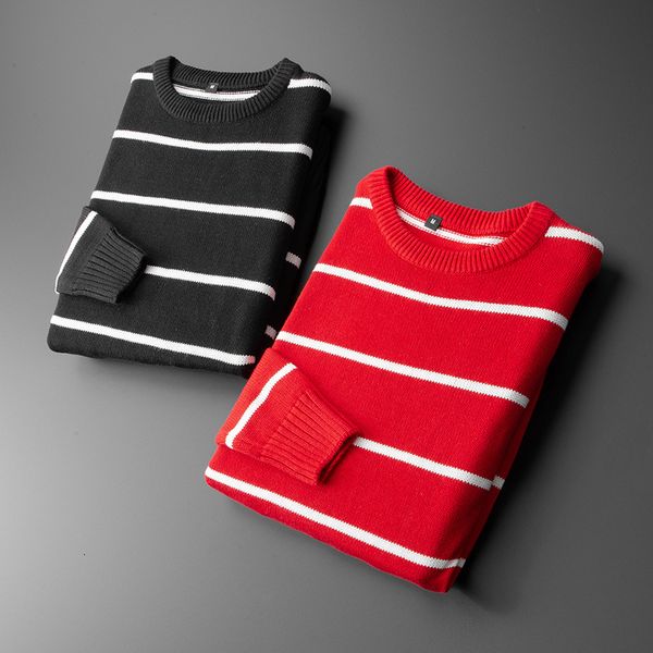 

sweater knit autumn and winter 2021 men's pullover trend fashion contrast color striped jacquard long sleeve bottomed, White;black
