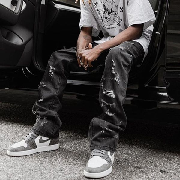 

men's jeans harajuku hole ripped retro mens pants streetwear straight washed casual denim trousers loose vibe style jean, Blue