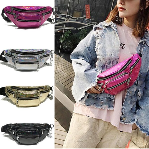 

waist bags women girls waterproof pu leather bag fanny shiny hip hop chain pouch belt shoulder pack purse wallet