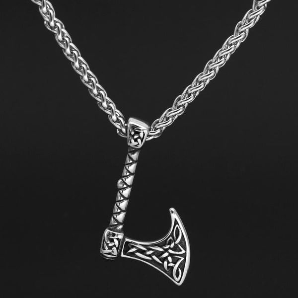 

chains viking axe stainless steel necklace jewelry men with valknut gift bag, Silver