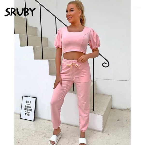 

women's tracksuits sruby solid casual two piece set puff sleeves crop and elestic long pant summer women drawstring tie bow outfits, Gray