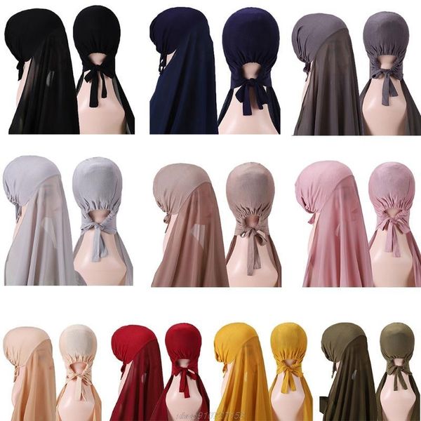 

ethnic clothing muslim women bonnet with rope chiffon shawl convenient elastic bandaged underscarf cap islam inner hijab cover s13 21 dropsh, Red