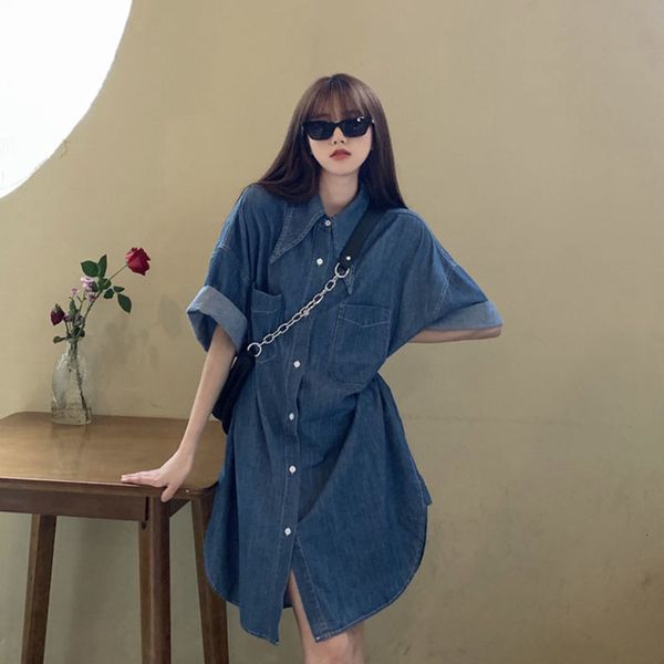 

casual dresses retro loose summer denim women dress half sleeve 2021 french style single breasted over the knee vestido vtl0, Black;gray