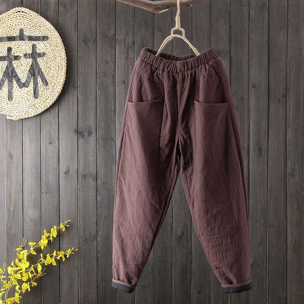 

arrival arts style autumn winter women elastic waist loose warm cotton pants vintage solid cotton linen harem pants s461 210608, Black;white