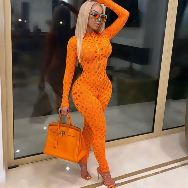 

hollow out sheer women jumpsuit front zipper long sleeve night club party bodycon one piece overalls, Black;white