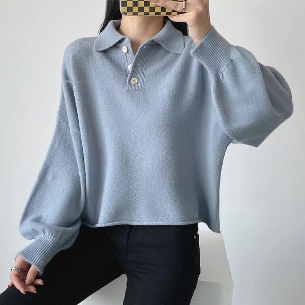 

women's sweaters turn down collar knitted sweater women lantern sleeve loose pullover female 2021 autumn winter streetwear casual lady, White;black