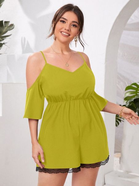 

plus contrast lace cold shoulder romper x4if#, Black