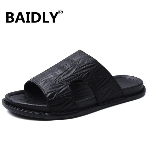 

sandals sandal men summer genuine leather outdoor slippers shoes flip flops sandalia, Black