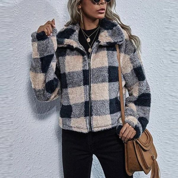 

women's jackets autumn winter casual art stitching women plaid jacket retro lapel fluffy cardigan 2021 fashion streetwear zipper pocket, Black;brown